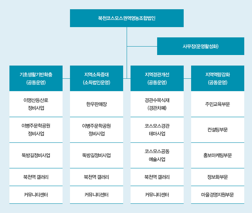 북천코스모스권역영농조합법인→사무장(운영활성화)→기초생활기반확충(공동운영):이명산등산로 정비사업,이병주문학공원 정비사업,뚝방길정비사업,북천역 갤러리,커뮤니티센터/지역소득증대(소득법인운영):한우판매장,이병주문학공원 정비사업,뚝방길정비사업,북천역 갤러리,커뮤니티센터/지역경관개선(공동운영):경관수목식재(경관차폐),코스모스경관 테마사업,코스모스공동 예술사업,북천역 갤러리,커뮤니티센터/지역역량강화(공동운영):주민교육부문,컨설팅부문,홍보마케팅부문,정보화부문,마을경영지원부문